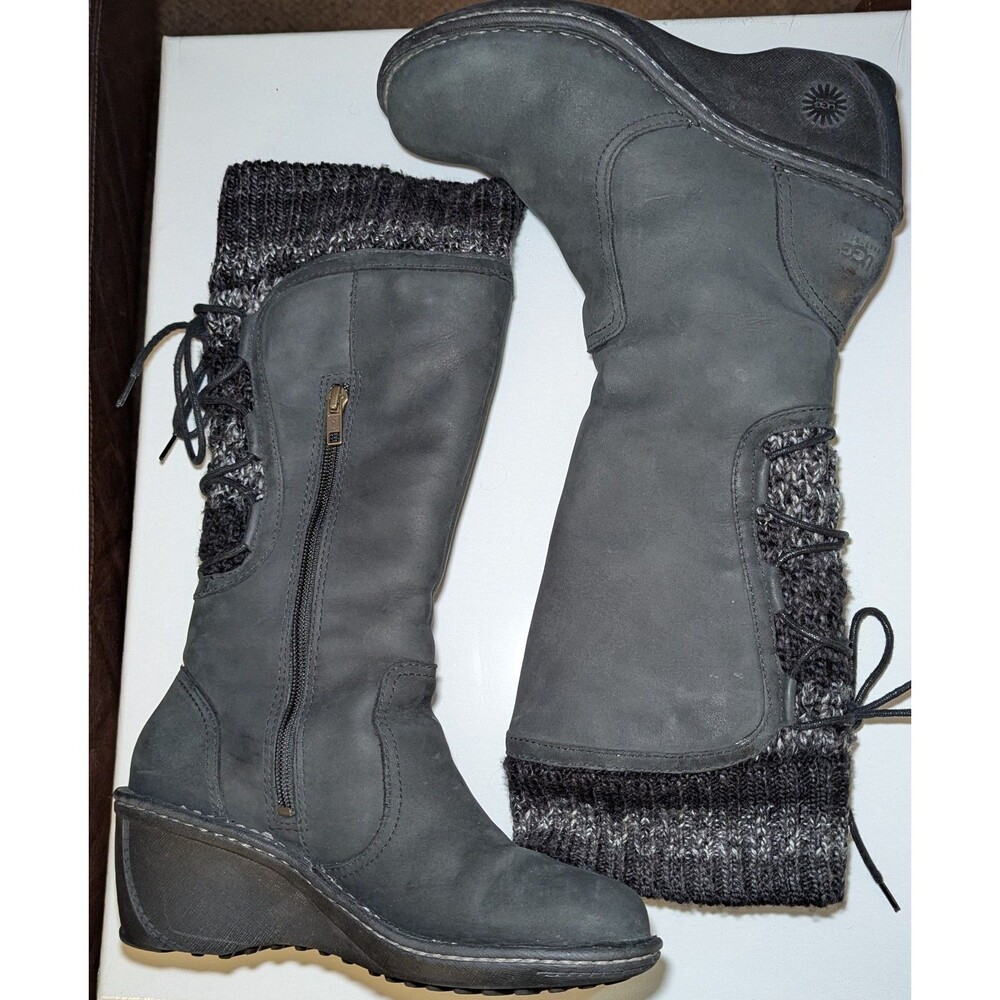 UGG Women's Skylair Tall Black Suede Leather Sheepskin Lined Wedge Boots Size 7 - Picture 3 of 11